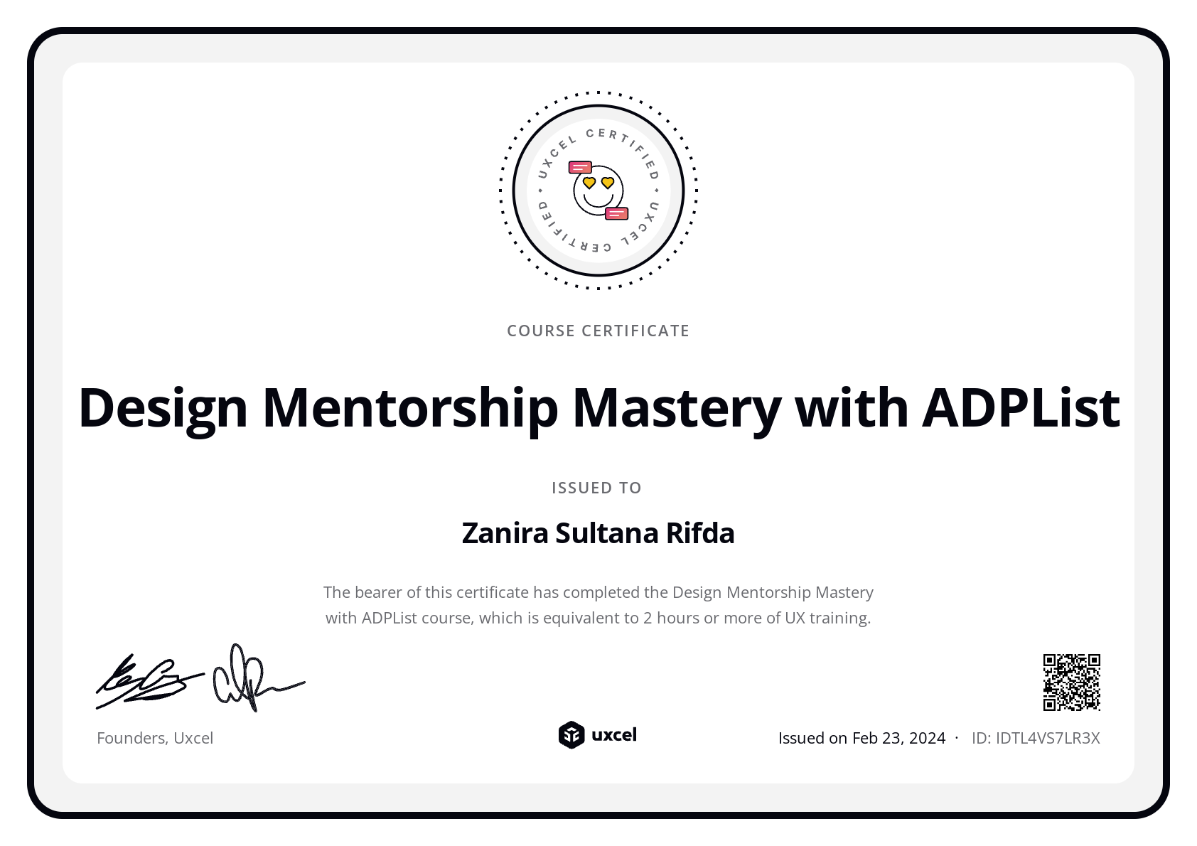 Zanira Sultana Rifda's certificate